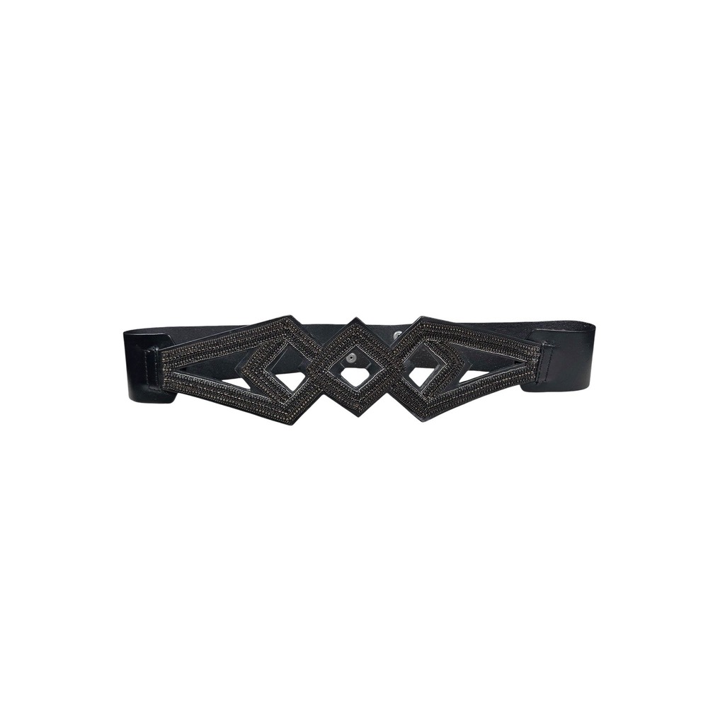 DIESEL Black Wide Leather Belt Geometric Cut Out 100% Cow Leather Sz 90 cm
